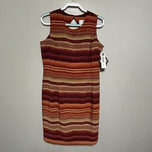 Miss Dorby Women's Dress 14 Striped Orange Tan Red Sleeveless Sheath Scarf Retro